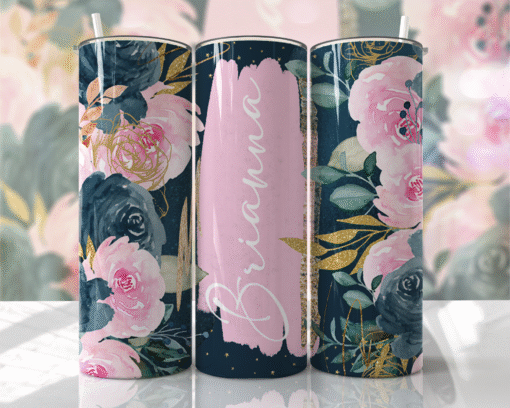 Lacivert-Pembe Çiçek Desenli Kişiye Özel 600 ml Termos