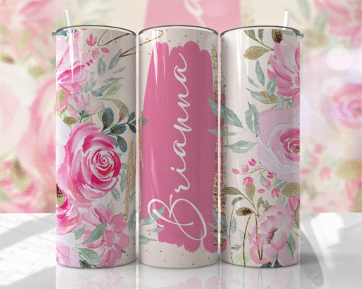 Pembe & Yeşil Soft Çiçek Desenli Kişiye Özel 600 ml Termos