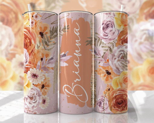 Turuncu & Lila-Pembe Çiçek Desenli Kişiye Özel 600 ml Termos