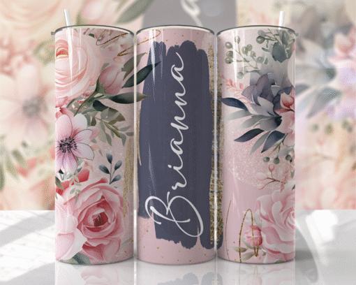 Pastel Pembe & Gri Çiçek Desenli Kişiye Özel 600 ml Termos