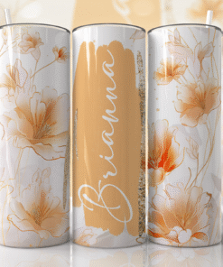 Turuncu & Krem Çiçek Desenli Kişiye Özel 600 ml Termos