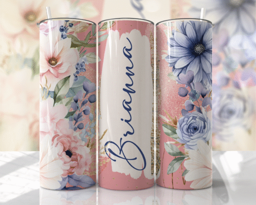 Pudra Pembe & Soft Mavi Çiçek Desenli Kişiye Özel 600 ml Termos