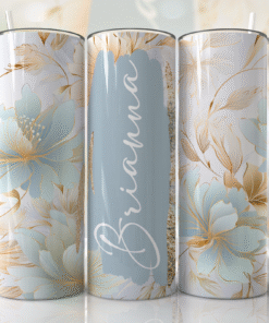 Pastel Mavi & Altın Detaylı Çiçek Desenli Kişiye Özel 600 ml Termos