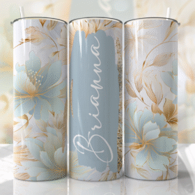 Pastel Mavi & Altın Detaylı Çiçek Desenli Kişiye Özel 600 ml Termos