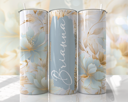 Pastel Mavi & Altın Detaylı Çiçek Desenli Kişiye Özel 600 ml Termos