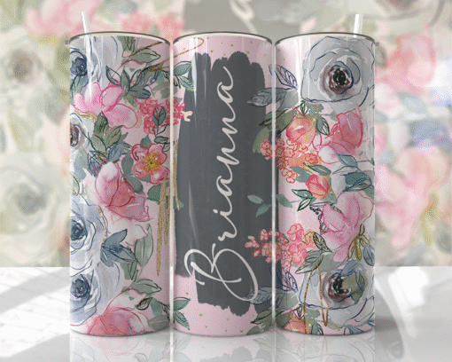 Soft Pembe & Gri Çiçek Desenli Kişiye Özel 600 ml Termos