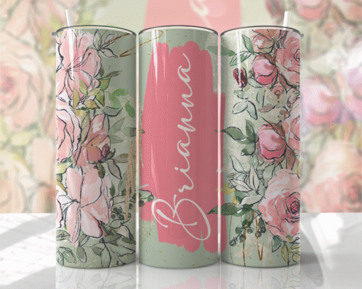Pastel Yeşil & Pembe Romantik Çiçek Desenli Kişiye Özel 600 ml Termos