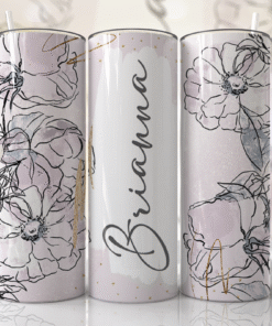 Minimalist Beyaz & Lavanta-Gri Çizgi Çiçek Desenli Kişiye Özel 600 ml Termos