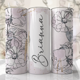 Minimalist Beyaz & Lavanta-Gri Çizgi Çiçek Desenli Kişiye Özel 600 ml Termos