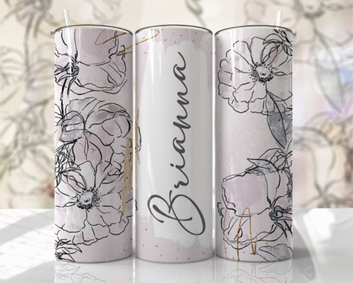 Minimalist Beyaz & Lavanta-Gri Çizgi Çiçek Desenli Kişiye Özel 600 ml Termos