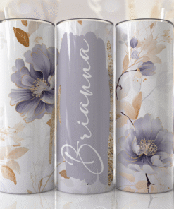 Beyaz & Lavanta-Kahverengi Zarif Çiçek Desenli Kişiye Özel 600 ml Termos