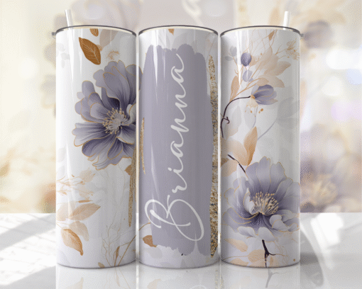 Beyaz & Lavanta-Kahverengi Zarif Çiçek Desenli Kişiye Özel 600 ml Termos