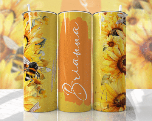 Ayçiçeği ve Arı Desenli Parlak Sarı 600 ml Kişiye Özel Termos