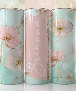 Pastel Mint & Pudra Pembe Zarif Çiçek Desenli 600 ml Kişiye Özel Termos
