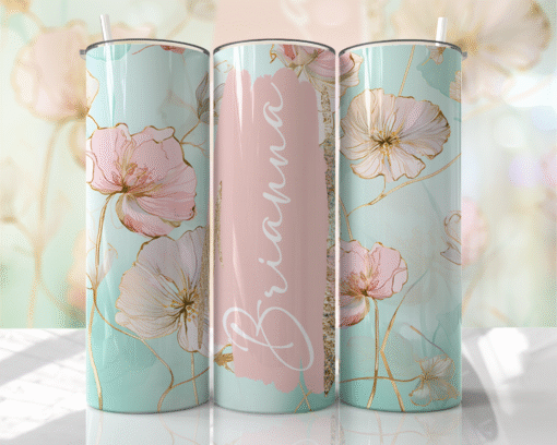 Pastel Mint & Pudra Pembe Zarif Çiçek Desenli 600 ml Kişiye Özel Termos