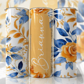 Turuncu-Mavi Çiçek Desenli 600 ml Kişiye Özel Termos