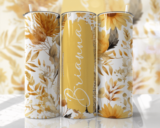 Sıcak Sarı-Kahverengi Çiçek Desenli 600 ml Kişiye Özel Termos
