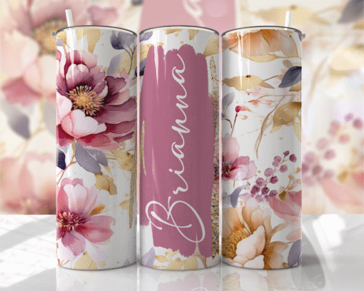 Pastel Pembe ve Doğal Tonlarda Çiçek Desenli 600 ml Kişiye Özel Termos