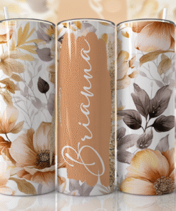 Pastel Kahve Tonlarında, Doğal Çiçek Desenli Kişiye Özel 600 ml Termos