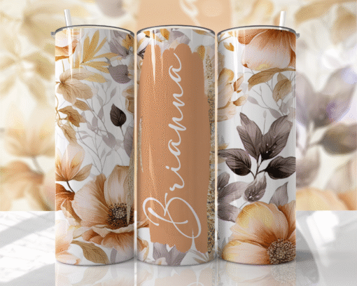 Pastel Kahve Tonlarında, Doğal Çiçek Desenli Kişiye Özel 600 ml Termos