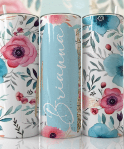 Mavi ve Pembe Çiçek Desenli, Kişiye Özel 600 ml Termos