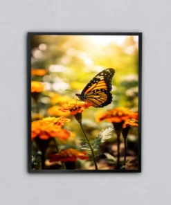Çiçek Üzerine Konmuş Kelebek Metal Tablo