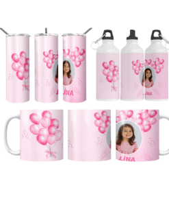 Pembe Balon Partisi – Kişiye Özel Fotoğraflı 3’lü Set (Bardak + Termos + Matara)