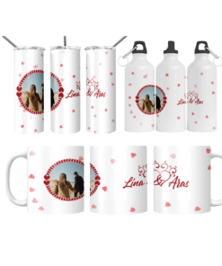 Kalp Çemberi – Çift İsimli & Fotoğraflı Romantik 3’lü Set (Bardak + Termos + Matara)