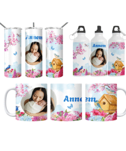 Annem – Kuş Yuvası Çiçek Bahçesi Kişiye Özel Fotoğraflı 3’lü Set (Bardak + Termos + Matara)