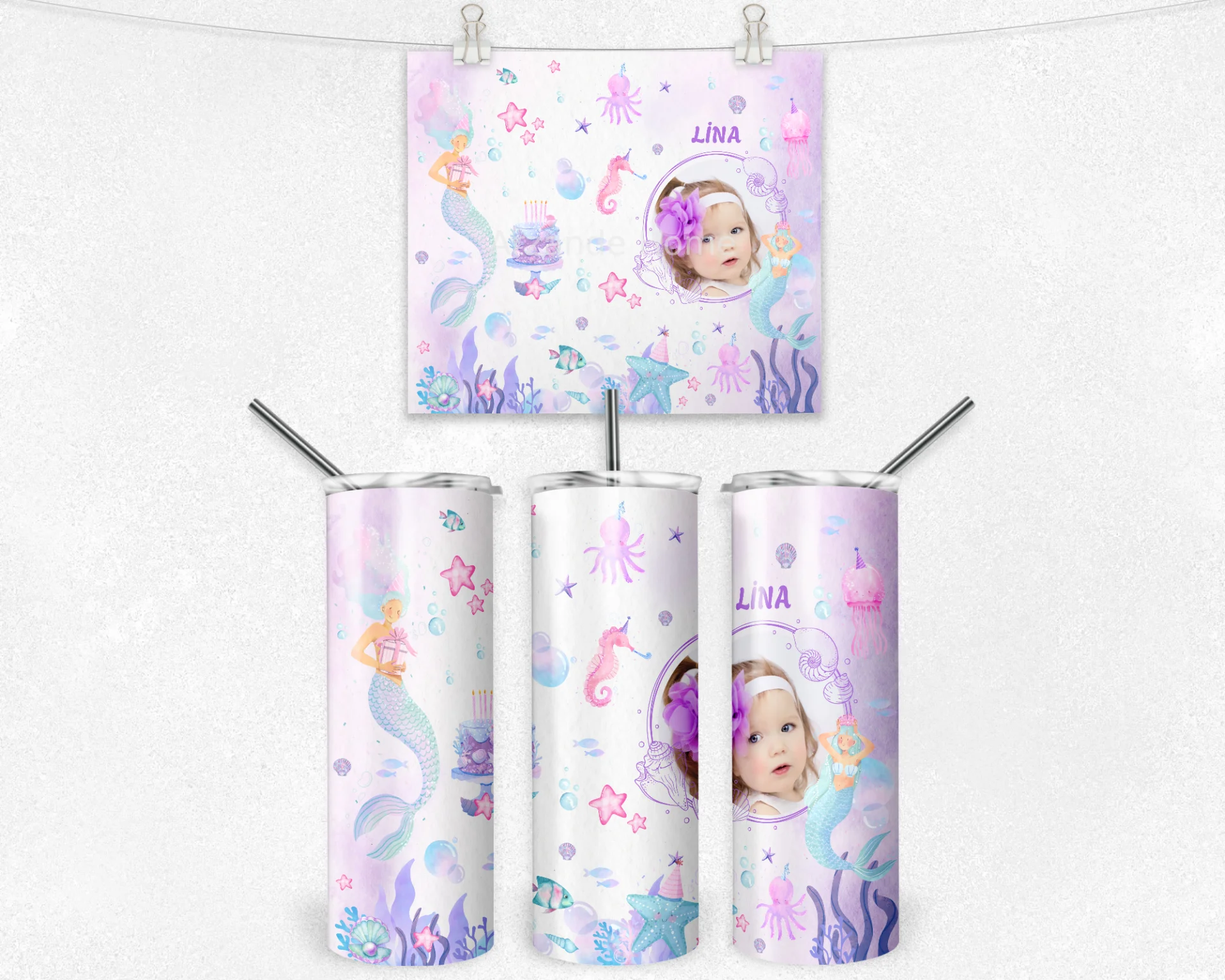 Denizkızı Temalı Kişiye Özel Termos Matara Bardak Özel Set - Görsel 4