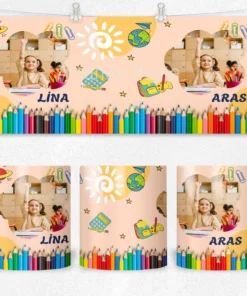 Alternative view of Renkli Kalemler  Çift İsimli Okul Teması Kişiye Özel Termos Matara Bardak Özel Set