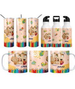 Renkli Kalemler Çift İsimli Okul Teması Kişiye Özel Termos Matara Bardak Özel Set