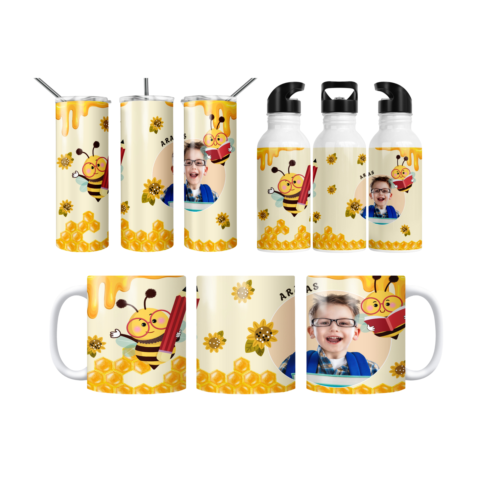 Çalışkan Arı ve Okul Temalı Kişiye Özel Termos Matara Bardak Özel Set
