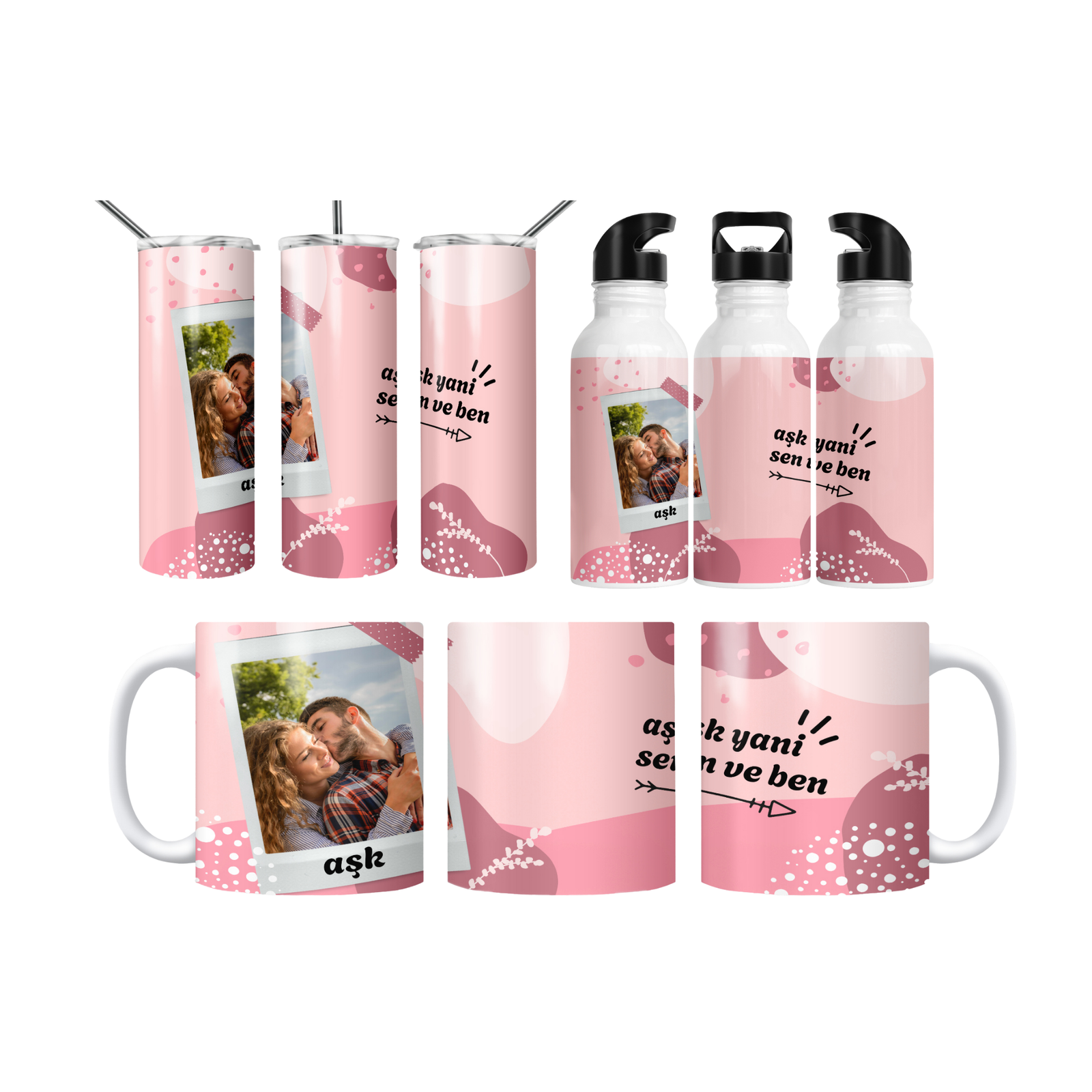 Aşk Yani Sen ve Ben Kişiye Özel Fotoğraflı Romantik Termos Matara Bardak Özel Set