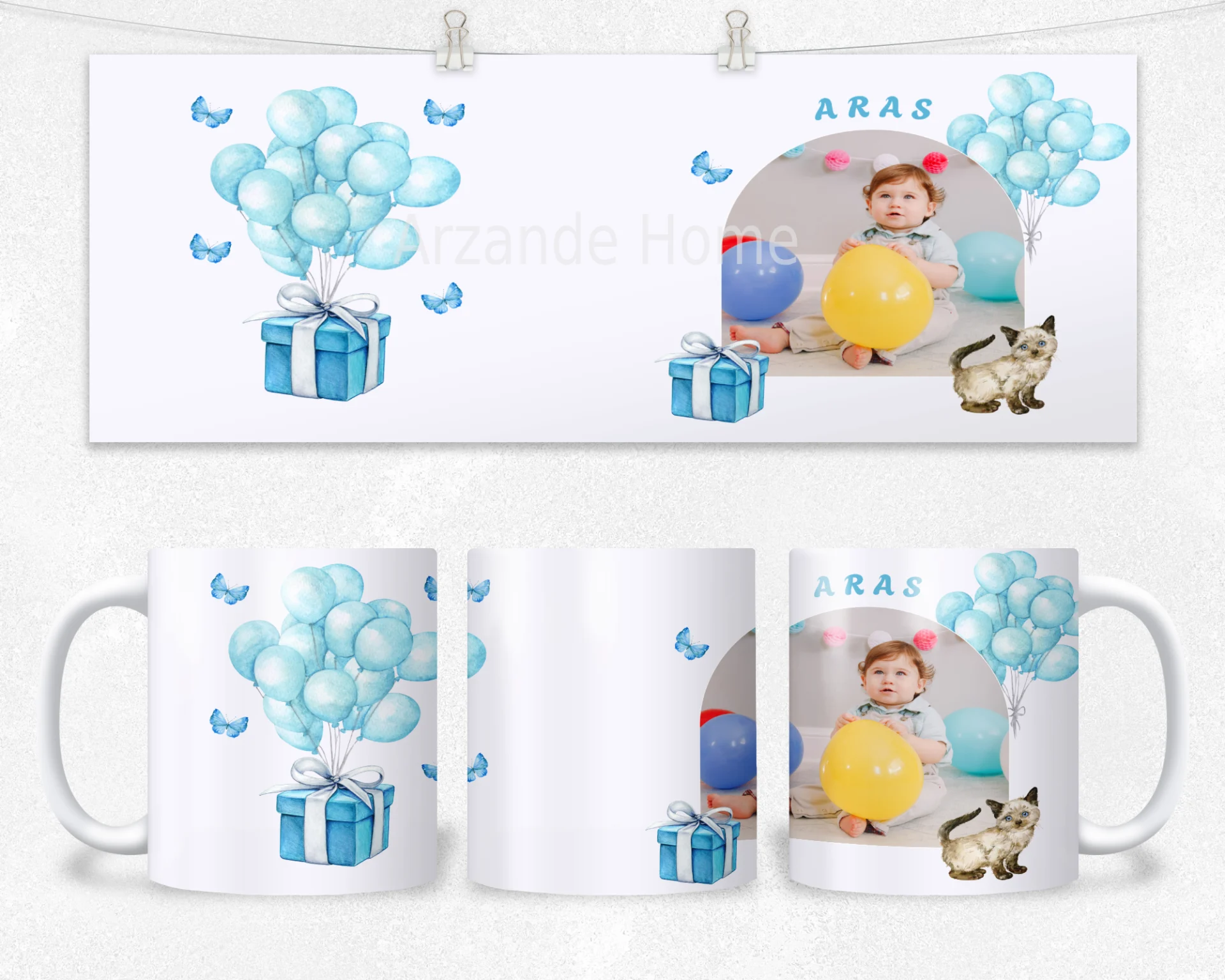 Balon Partisi Kişiye Özel Fotoğraflı Termos Matara Bardak Özel Set - Görsel 2