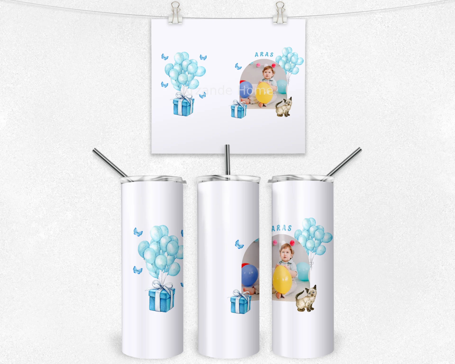 Balon Partisi Kişiye Özel Fotoğraflı Termos Matara Bardak Özel Set - Görsel 4