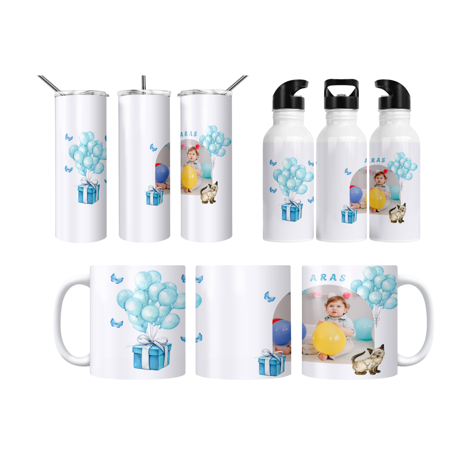 Balon Partisi Kişiye Özel Fotoğraflı Termos Matara Bardak Özel Set