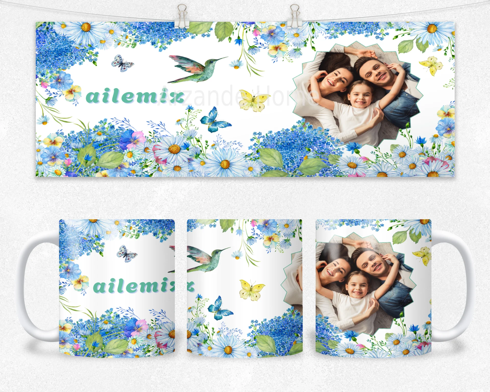Ailemiz Çiçek Bahçesi Kişiye Özel Fotoğraflı Termos Matara Bardak Özel Set - Görsel 2