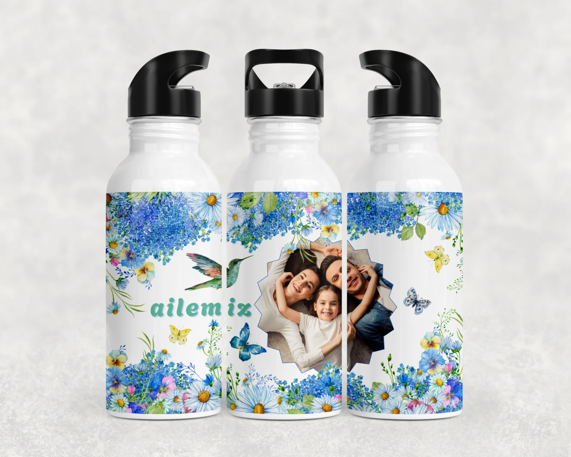 Ailemiz Çiçek Bahçesi Kişiye Özel Fotoğraflı Termos Matara Bardak Özel Set - Görsel 3