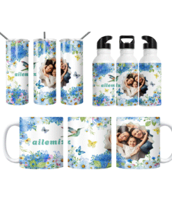 Ailemiz Çiçek Bahçesi  Kişiye Özel Fotoğraflı Termos Matara Bardak Özel Set