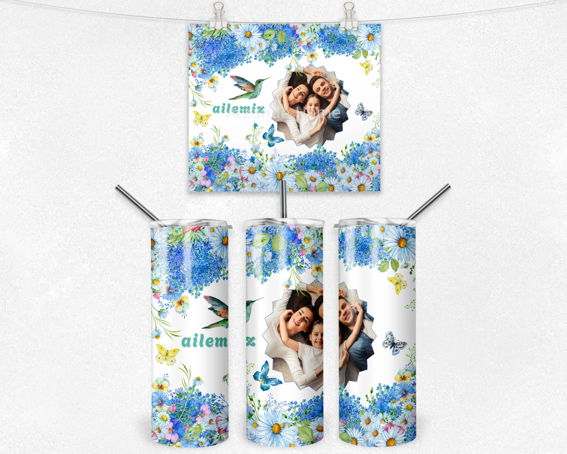 Ailemiz Çiçek Bahçesi Kişiye Özel Fotoğraflı Termos Matara Bardak Özel Set - Görsel 4