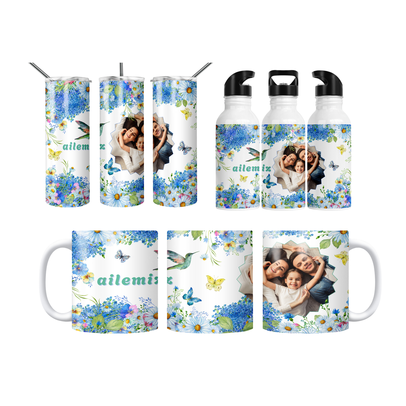 Ailemiz Çiçek Bahçesi Kişiye Özel Fotoğraflı Termos Matara Bardak Özel Set