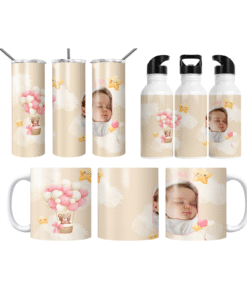 Pembe Balon Ayıcık Rüyası Kişiye Özel Fotoğraflı Termos Matara Bardak Özel Set