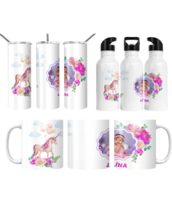 Unicorn Masalı Kişiye Özel Çiçekli Fotoğraflı  Termos Matara Bardak Özel Set