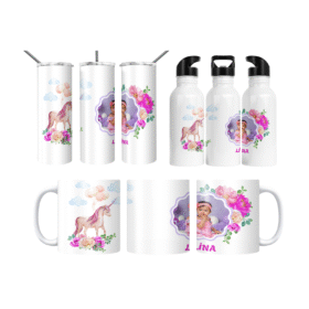 Unicorn Masalı Kişiye Özel Çiçekli Fotoğraflı  Termos Matara Bardak Özel Set