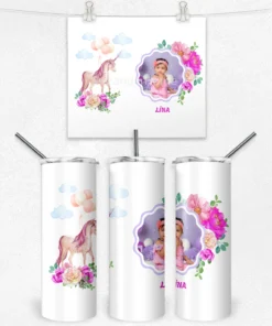 Unicorn Masalı Kişiye Özel Çiçekli Fotoğraflı  Termos Matara Bardak Özel Set - Görsel 4