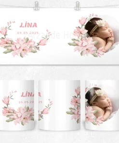 Alternative view of Pembe Magnolia İsim ve Tarihli Kişiye Özel Fotoğraflı  Termos Matara Bardak Özel Set