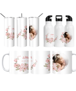 Pembe Magnolia İsim ve Tarihli Kişiye Özel Fotoğraflı Termos Matara Bardak Özel Set