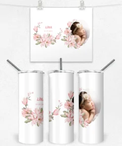 Pembe Magnolia İsim ve Tarihli Kişiye Özel Fotoğraflı  Termos Matara Bardak Özel Set - Görsel 4