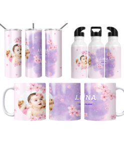 Sakura (Kiraz Çiçeği)  Mor Suluboya İsim ve Tarihli Kişiye Özel Fotoğraflı  Termos Matara Bardak Özel Set